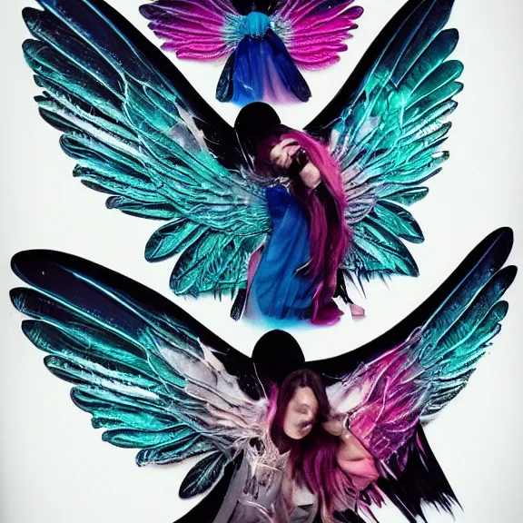 Image similar to crystal wings, waporwave polaroid, metal acid deep colors, fallen angel of death, love broken