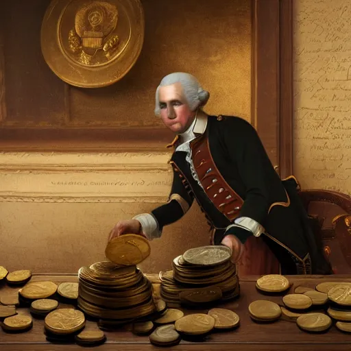 Image similar to a closeup photorealistic photograph of a happy George Washington inspecting small gold Doubloon coins at his home on Cherry Street. This 4K HD image is Trending on Artstation, featured on Behance, well-rendered, extra crisp, features intricate detail and the style of Unreal Engine.