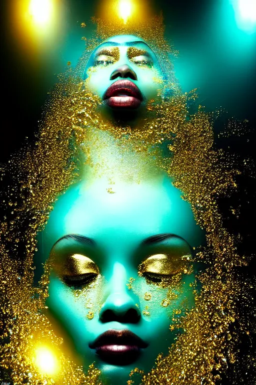 Prompt: hyperrealistic postrococo cinematic very expressive! black oshun goddess, open eyes, in water up to her shoulders, mirror dripping droplet!, gold flowers, highly detailed face, digital art masterpiece, smooth eric zener cam de leon dramatic pearlescent teal light, ground angle uhd 8 k, sharp focus