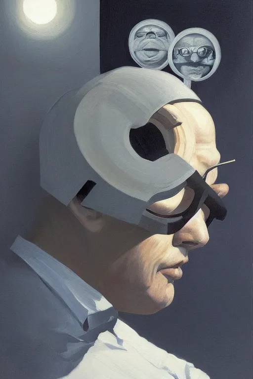 Image similar to sathoshi nakamoto wearing oculus and bitcoin over his head edward hopper and james gilleard, zdzislaw beksisnski, higly detailed