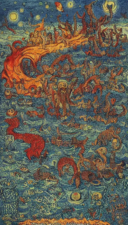 Image similar to man on boat crossing a body of water in hell with creatures in the water, sea of souls, by louis wain