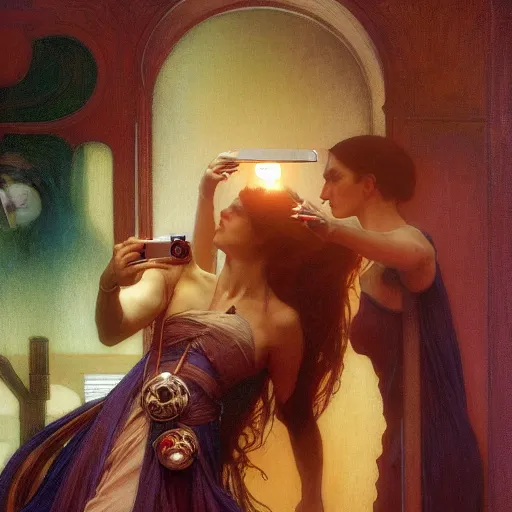 Prompt: cinematic scene of Death taking a selfie, modern, mucha, colorful, by Michael Whelan, William Adolphe Bouguereau, and Donato Giancola, highly rendered, beautiful, cyberpunk, moody lighting, glowing light and shadow, atmospheric, 8K