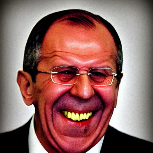 Prompt: Sergei lavrov is smiling crazy bloody butcher in slaughterhouse TERRIFYING SCARY LOOKING AT YOU UP CLOSE HORRIFYING historical asylum Black and white picture of bloody Sergei lavrov as butcher in slaughterhouse smiling bloody teeth