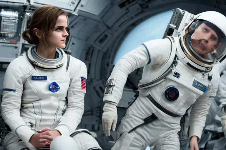 Prompt: promotional image of Emma Watson as an astronaut in Interstellar (2014 film), detailed face, movie still, promotional image, imax 70 mm footage