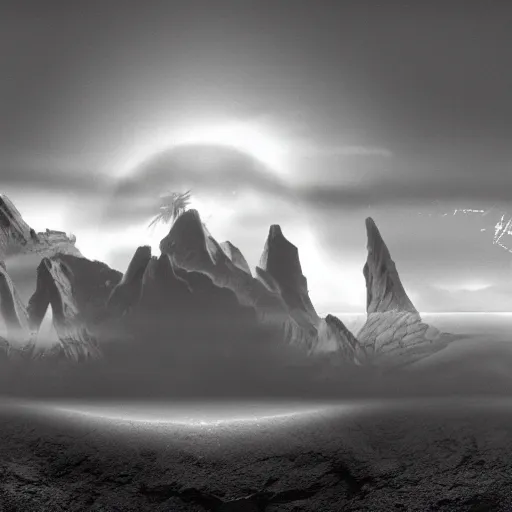 Prompt: the dawning of a new age, black and white matte painting