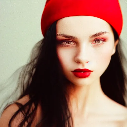 Image similar to beauty photographic portrait of half - length portrait of stunning girl in a red hat and black dress, kodak portra 4 0 0, 8 k, soft light, volumetric lighting, highly detailed,,