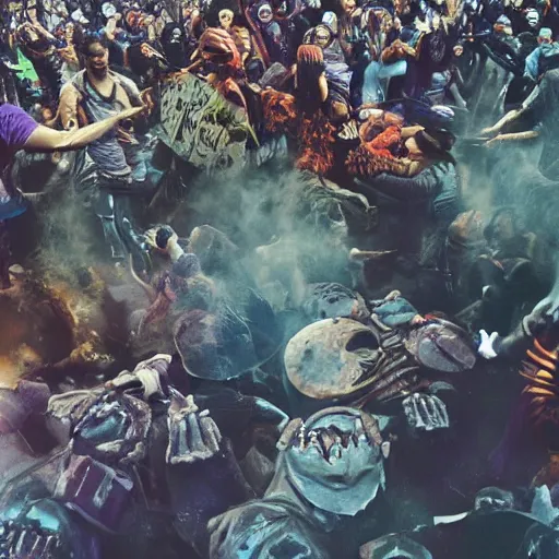 Image similar to abstract mosh pit, slam dancing creatures, circle pit demons, chaotic riot, violent zombie dance, violent protest, war photography, high detail, 4 k