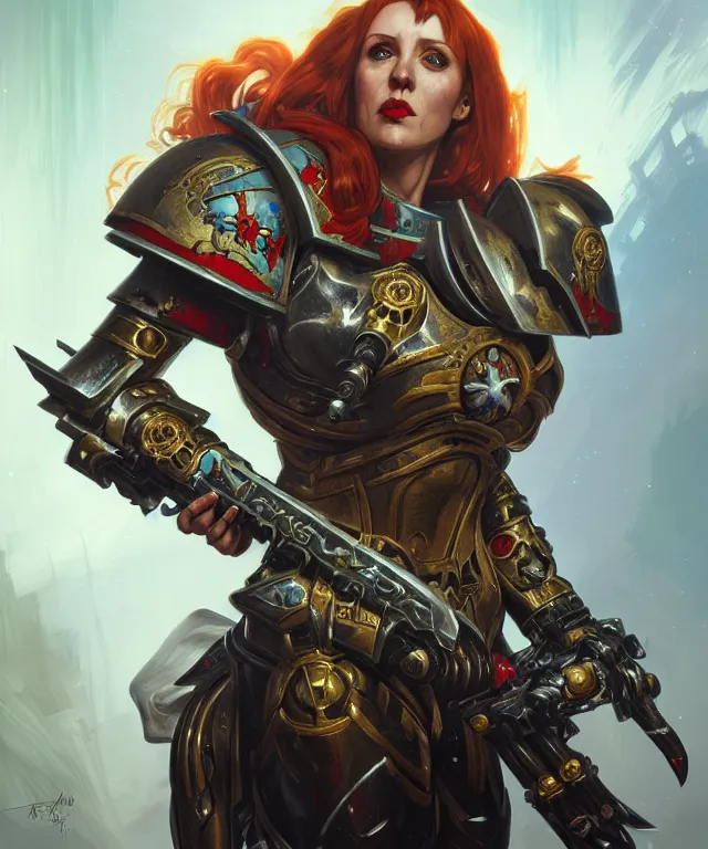 Image similar to Angela Rayner as a Warhammer 40k Battle Sister, portrait, fantasy, intricate, elegant, highly detailed, digital painting, artstation, concept art, smooth, sharp focus, illustration, art by artgerm and greg rutkowski and alphonse mucha