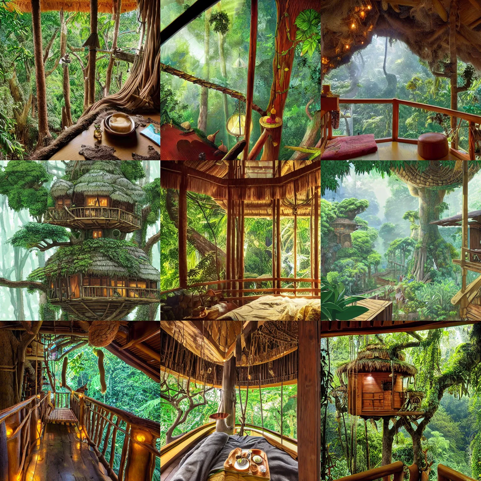 Prompt: cozy treehouse interior looking over jungle with ancient city, highly detailed, studio ghibli