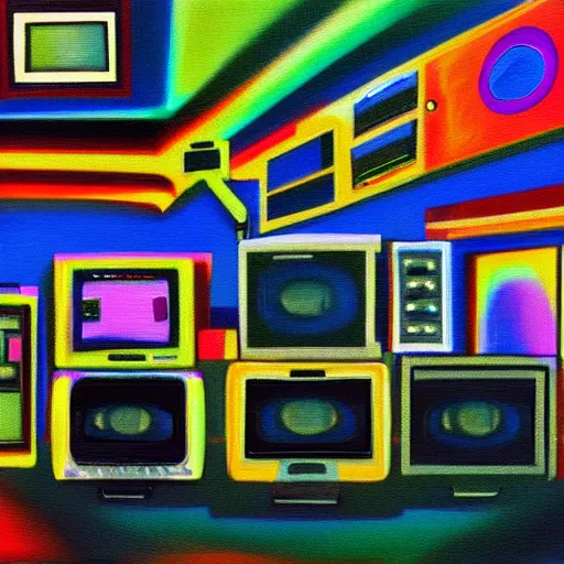 Image similar to fuzzy, array of crt televisions, tv static, antenna, stacked, polaroid, steroids, adult video store, impressionist painting, painting, acrylic painting, cell shaded