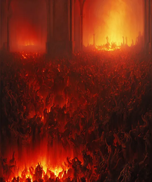 Image similar to Purgatory, fire in hell. A crowd of sinful people is burning in hell in hellfire. The gateway to the infernal underworld. Devils demons and ghouls torment sinful people, highly detailed, digital painting, artstation, concept art, smooth, sharp focus, illustration, art by artgerm and greg rutkowski and alphonse mucha