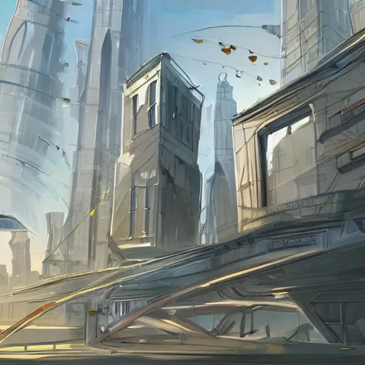 Image similar to old building in a futuristic city, sunny day, concept art, digital painting,