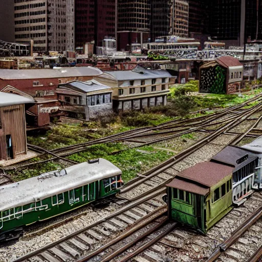 Prompt: a huge model railroad scene of an abandoned city, empty cars, overgrown buildings, zeiss 1 8 mm prime,