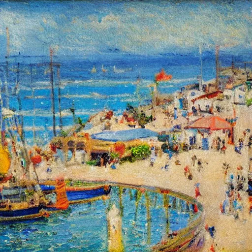 Image similar to a town by the seaside, impressionist