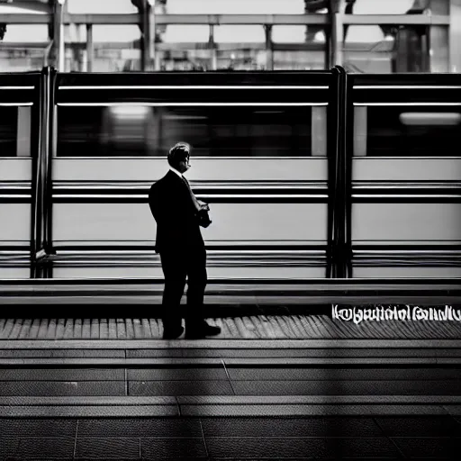 Prompt: a man in a suit waiting at a train station with a view of outer space on the other side, award-winning photograph