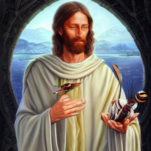 Prompt: a detailed fantasy character painting of Bill gates holding a giant cricket, dressed like Jesus Christ, by lauri blank, artgerm, evelyn de morgan, 8K, 50mm lens