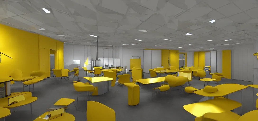 Image similar to backrooms yellow office place with nobody bright, 8 k photorealistic, hd, high details, trending on artstation