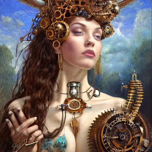 Image similar to Head and shoulders masterpiece portrait of Lana Rhoades as a steampunk beautiful goddess, she half human and half robot, she is embellished with few gears wheels and gemstones, by William Holman Hunt, Greg Rutkowski, Stanely Artgerm, Tooth Wu, Peter Gric, Aaron Horkey, trending on Artstation, digital art, mythological, symmetrical artwork, cinematic lighting, hyper realism, high detail, octane render, ultra realistic, golden ratio, 4k, 8k