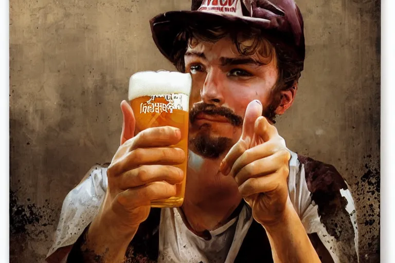 Prompt: a young man holding a beer giving a thumbs up with a long beard, 80s poster, detailed, uncropped, painted by Bastien Lecouffe-Deharme