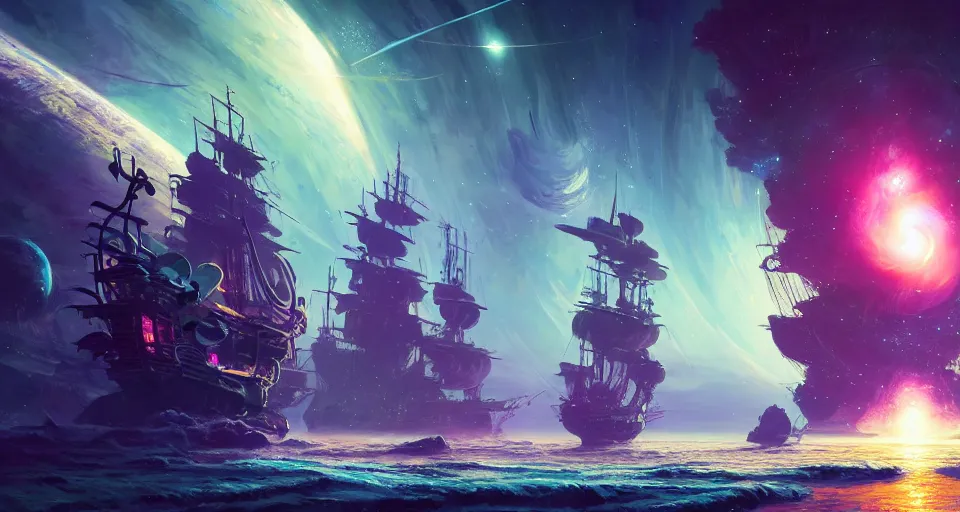 Prompt: pirate ship in space with a planet in the background, cosmic, nebula, intricate, highly detailed, oil painting, artstation, concept art, ethereal, unreal engine 5, 8 k, by stephan martiniere and liam wong and alphonse mucha