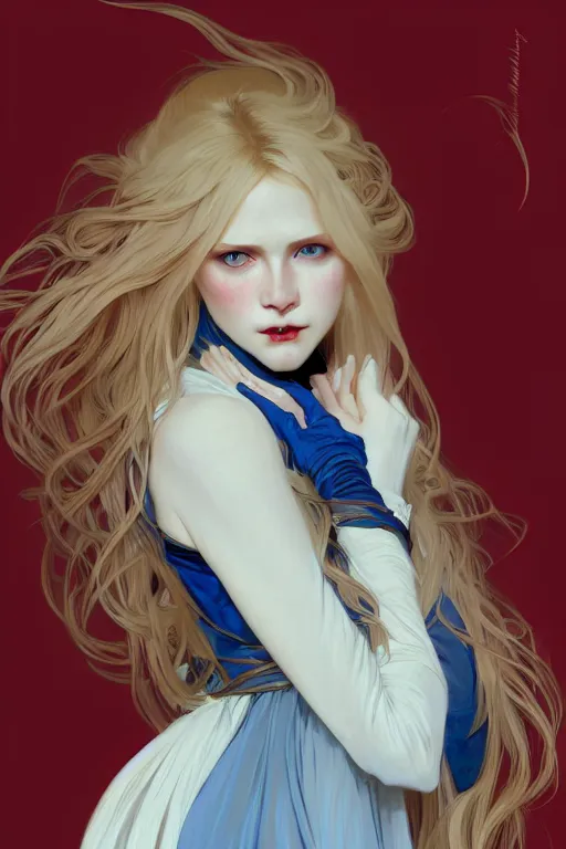 Image similar to portrait of a beautiful young fit girl vampire with long blonde hair and blue eyes, wearing a dress, by greg rutkowski and alphonse mucha, d & d character, gradient white to red, modern nocturnal background, highly detailed portrait, digital painting, artstation, concept art, smooth, sharp focus ilustration, artstation hq