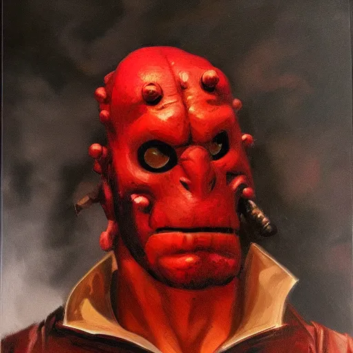 Prompt: hellboy portrait. oil painting. 3 / 4 view. closeup. based on the great masters. baroque.