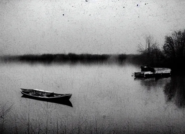 Prompt: lake by Andrei Tarkovsky, boat, mist, lomography photo effect, monochrome, noise grain film