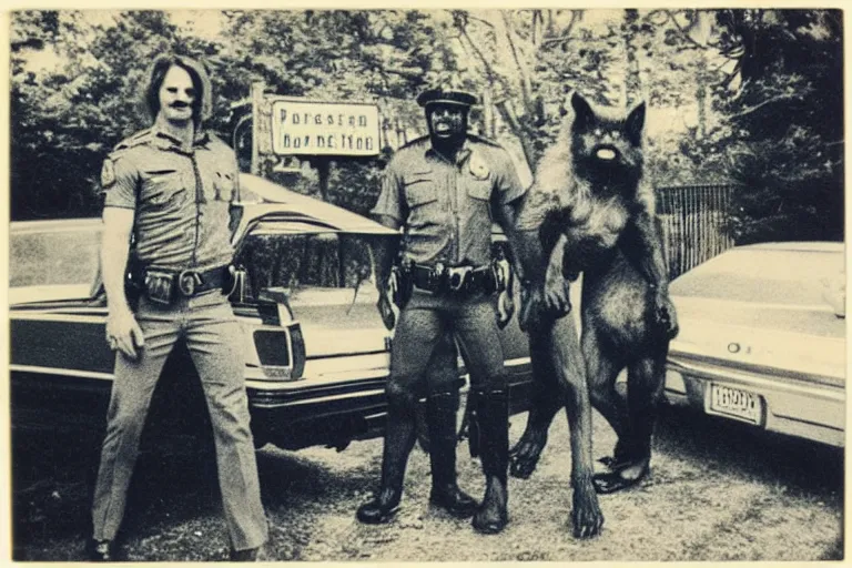 Image similar to retro 1970s Polaroid photo of two cops posing with a werewolf