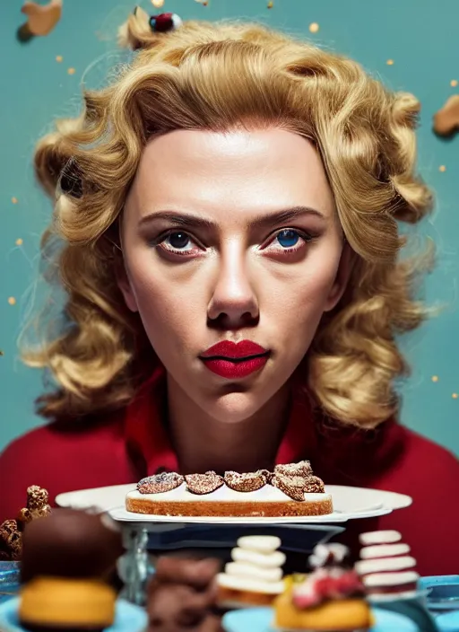 Prompt: closeup portrait of tin toy scarlett johansson eating cakes, depth of field, zeiss lens, detailed, symmetrical, centered, fashion photoshoot, by nicoletta ceccoli, mark ryden, lostfish, earl nore, hyung tae, frank frazetta, breathtaking, 8 k resolution, extremely detailed, beautiful, establishing shot, artistic, hyperrealistic, octane render