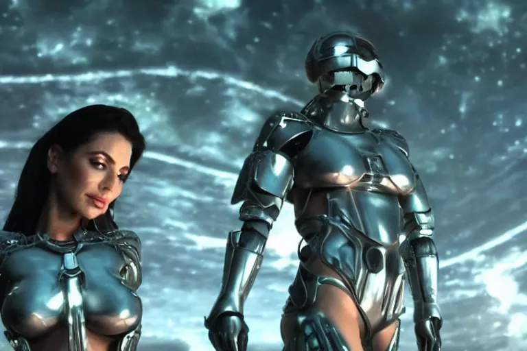 Image similar to VFX movie closeup of a gorgeous futuristic Denise Milani in space armor in future city, hero pose, beautiful skin, natural city night lighting by Emmanuel Lubezki