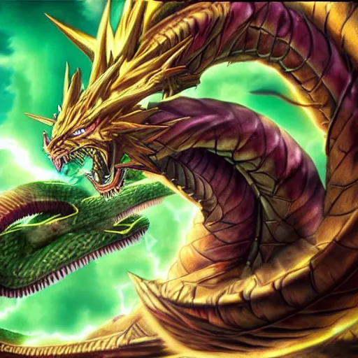 Image similar to shenron fighting bahamut, hyper realistic, cg animation, final fantasy, dragon ball z