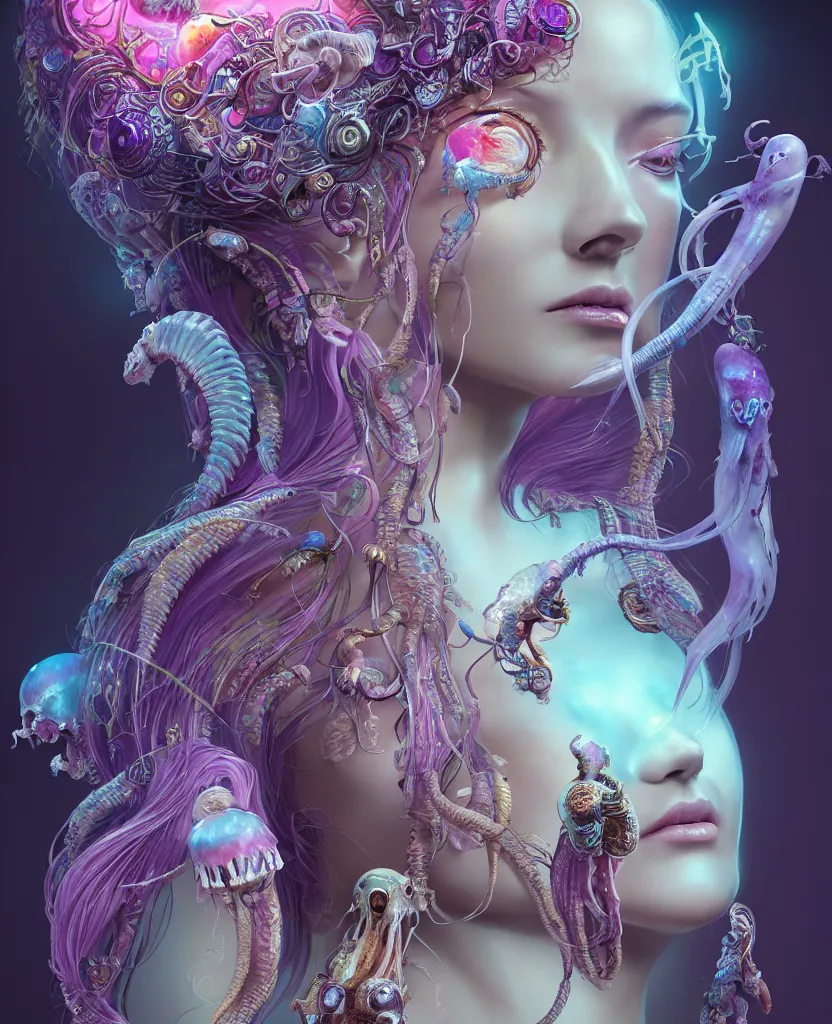 Image similar to goddess close-up portrait of princess face and ram skull. eyes. jellyfish phoenix head, nautilus, orchid, skull, betta fish, bioluminiscent creatures, intricate artwork by Tooth Wu and wlop and beeple. octane render, trending on artstation, greg rutkowski very coherent symmetrical artwork. cinematic, hyper realism, high detail, octane render, 8k