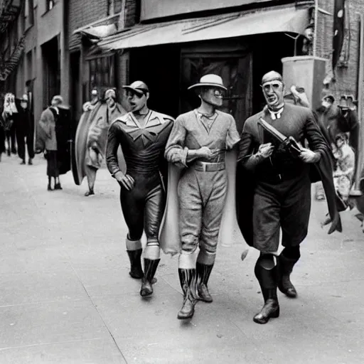 Prompt: 1 9 3 0 s photography of superheroes walking a new york alley