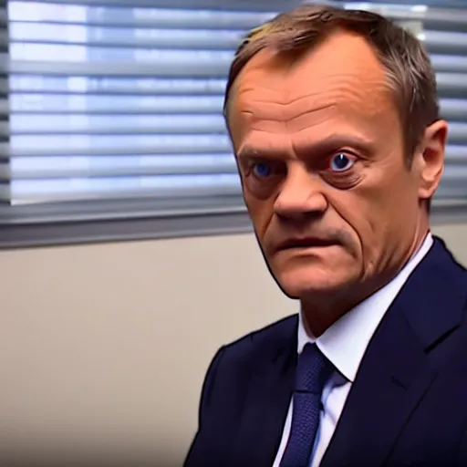 Image similar to Donald Tusk in a still from the american sitcom The Office