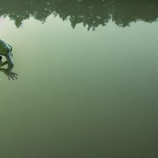 Image similar to semi translucent smiling frog amphibian floating over misty lake in Jesus Christ pose, cinematic shot by Andrei Tarkovsky, paranormal, spiritual, mystical