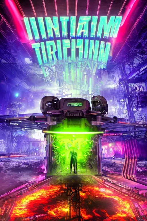 Prompt: a band shirt, tshirt, bandname is tripmachine, tourname is invasion of the tripmachines, realistic digital art, 3 d render of a huge futuristic steampunk generator, 8 k, fluorescent colors, halluzinogenic, multicolored, exaggerated detailed, unreal engine