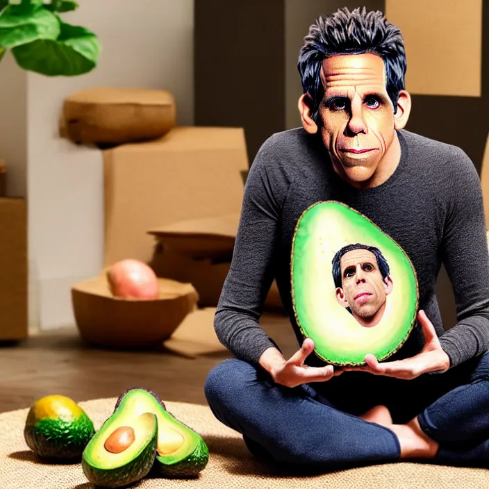 Image similar to ultra realistic illustration of ben stiller in the shape of an a ocado, in the lotus position meditating with closed eyes, balancing stack of avocado