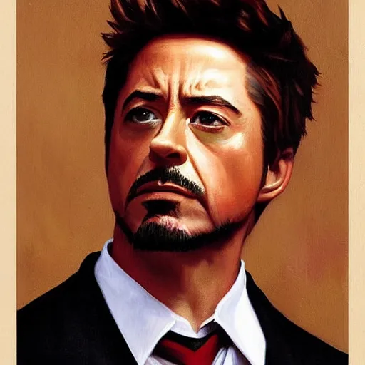 Image similar to Bouguereau painting .close up of attractive robert downey tony stark.wearing iron man armor