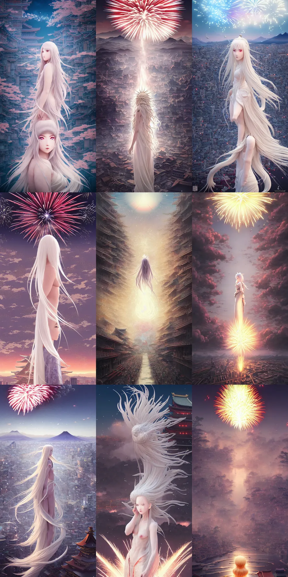 Image similar to firework festival in ancient japan, white long hair goddess, by kyoto animation, insanely detailed. instagram photo, kodak portra. by wlop, ilya kuvshinov, krenz cushart, greg rutkowski, pixiv. zbrush sculpt, octane, maya, houdini, vfx. huge cityscape. cinematic dramatic atmosphere, sharp focus, volumetric lighting