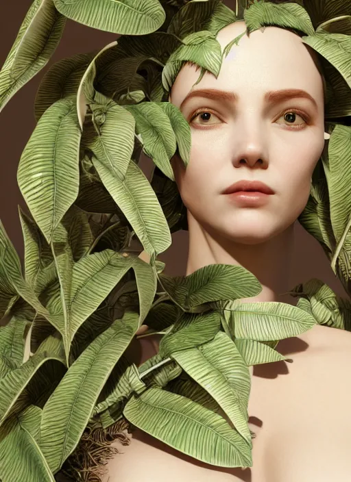 Prompt: complex intricate 3 d render hyper detailed ultra sharp of a cyborg beautiful porcelain woman with big leaves and stems in her hair, overgrown foliage, fungi pores, octane, 8 k,