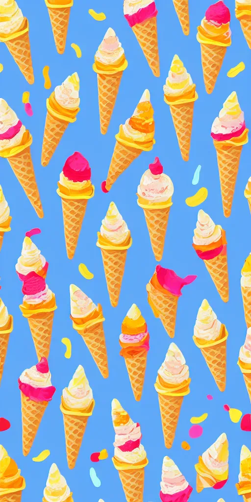 Image similar to seamless pattern of ice cream cones, colourful, symmetrical, repeating