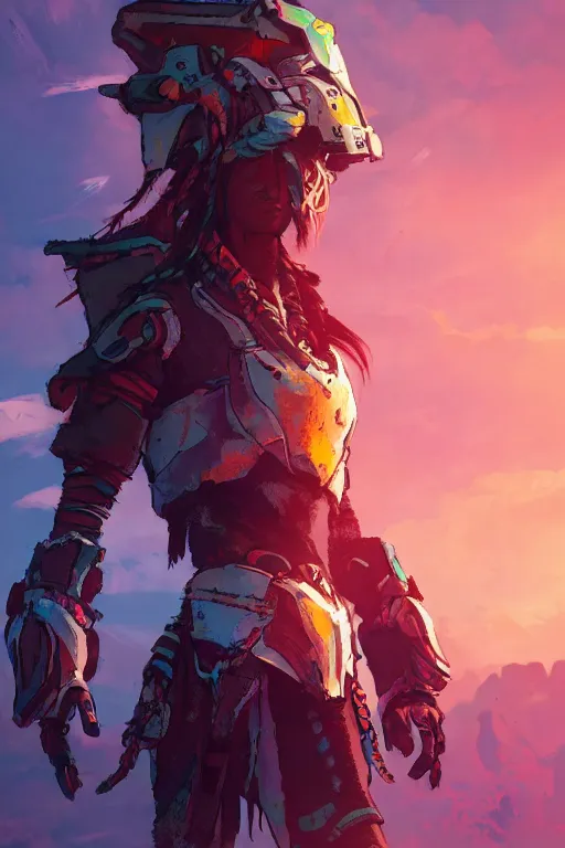 Image similar to combination suit armor aloy horizon forbidden west horizon zero dawn radiating a glowing aura global illumination ray tracing hdr fanart arstation by ian pesty and alena aenami artworks in 4 k tribal robot ninja mask helmet backpack