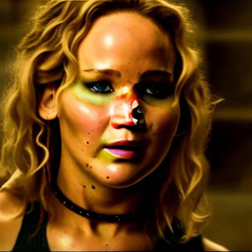 Image similar to cinematic jennifer lawrence as frankensteins monster, color photography, sharp detail, she is amused, still from the movie avengers, dirt on face