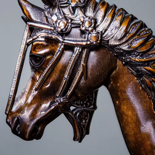 Prompt: a glass statue of a horse with wings on it's back, studio photography, detailed, in focus