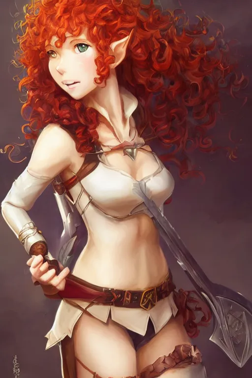 Image similar to A beautiful anime portrait of a curly haired redhead female elf, rpg ranger outfit, elven bow, by Stanley Artgerm Lau, WLOP, Rossdraws, James Jean, Andrei Riabovitchev, Marc Simonetti, and Sakimichan, tranding on artstation