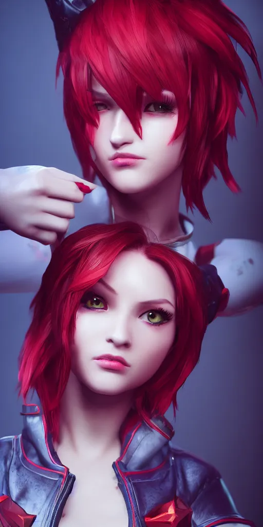 Image similar to a girl with short red hair, cool, vi from arcane, league of legends, fighter, cool red jacket, tattoo, beautiful, 3 d, potrait, art staion, studio light, closeup shot, octane render, wlop, realistic, neon