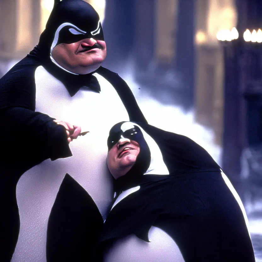 Prompt: jack black as the penguin in batman returns, movie still, 8 k,