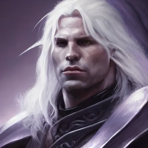 Prompt: realistic portrait of drizzt du orden by r. a. salvatore, dark elf with purple eyes and white hair, trending on artstation, dark gloomy cave background, low angle oil painting and composition laws, cinematic lighting, hyperdetailed, cgsociety, 8 k
