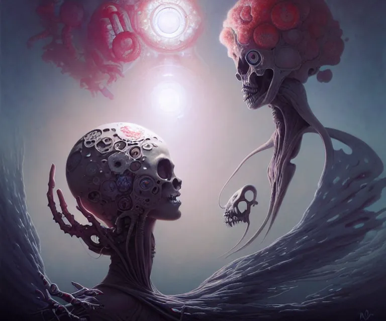 Image similar to mix media, biomecanical cyber alian of the whiched,, artwork by charlie bowater and tom bagshaw, insanely detailed, artstation, psychedelic art. atoms surrounded by skulls and spirits deep under the sea, horror, sci - fi, surrealist painting, by peter mohrbacher anato finnstark