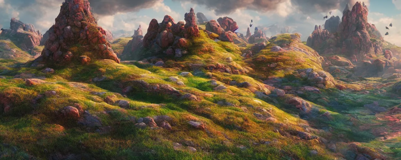 Prompt: ” otherwordly landscape of furry hills, [ colourful, cinematic, detailed, epic, widescreen, opening, establishing, mattepainting, photorealistic, realistic textures, octane render ] ”